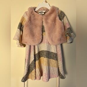 Rare Editions Toddler Dress 2T Faux Fur‎ Vest Pastel Stripped Bell Sleeve Flowy